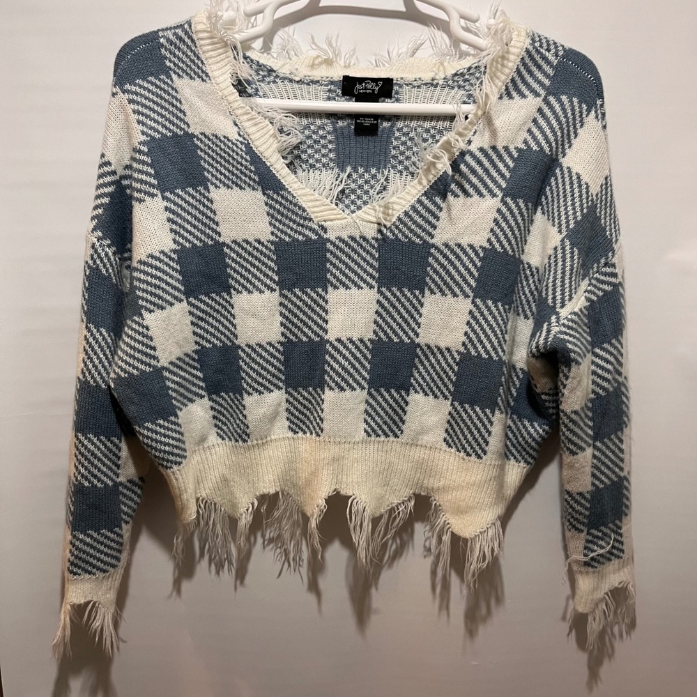 Just Polly New York Womens Blue Plaid Fringe V Neck Cropped Sweater Size M